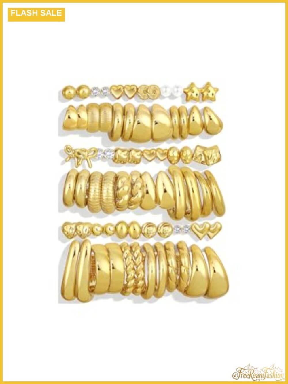 36 Pair Gold Plated Earring Set for Women - Stud & Hoop Mix